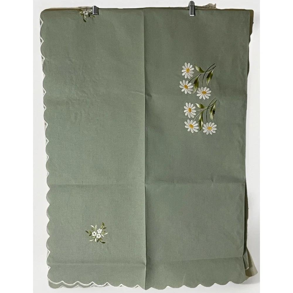 Sage Green Embroidered‎ Cotton Tablecloth Set 50x78 + 6 Napkins Floral Dining